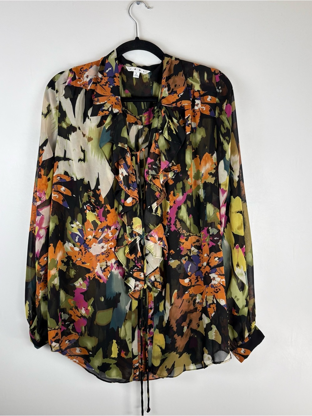 Cabi Womens Large Sheer Floral Lace Up Ruffle Tie Front Top Cardigan Blouse Boho